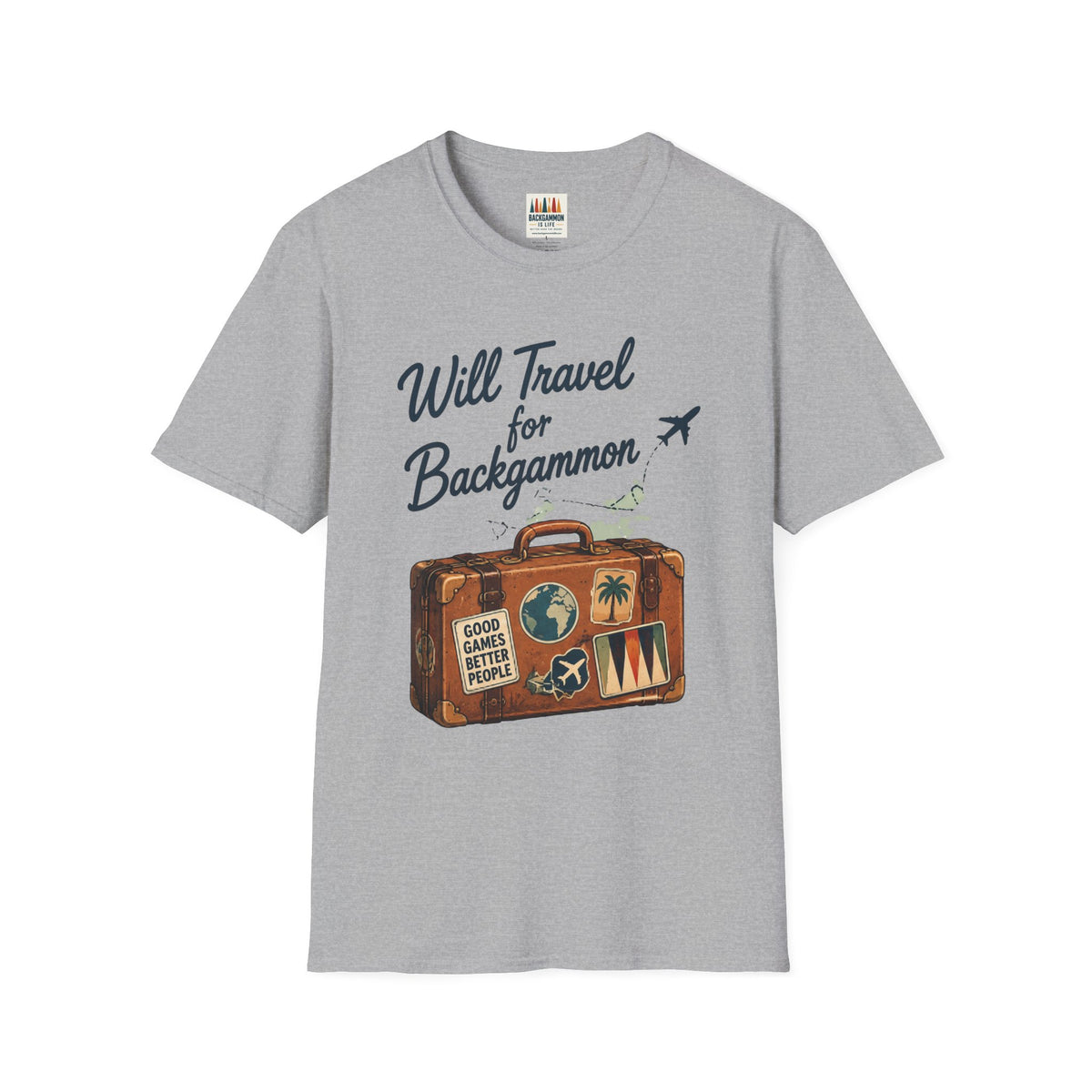 Backgammon Travel T-Shirt — "Will Travel for Backgammon" Vintage Suitcase Design