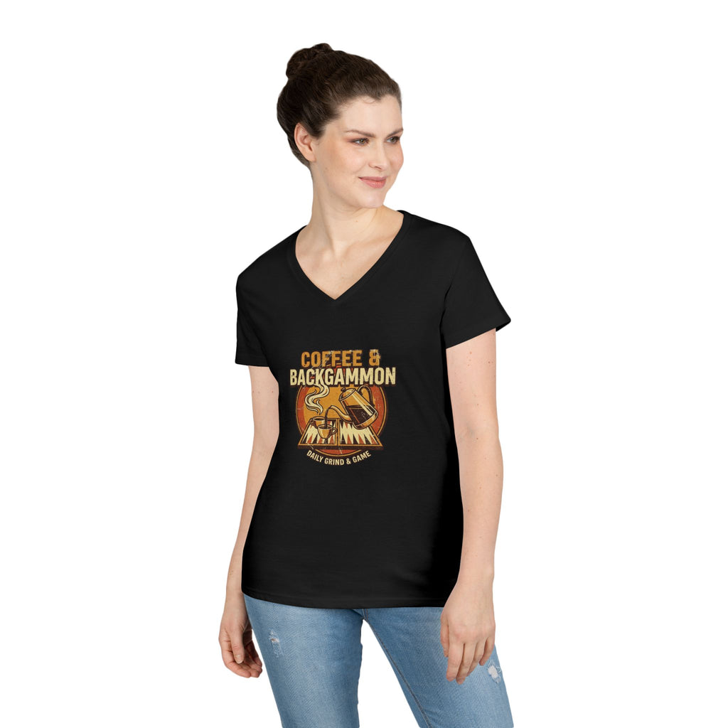 Coffee & Backgammon Ladies' V-Neck T-Shirt — Women's Casual Game Night Shirt