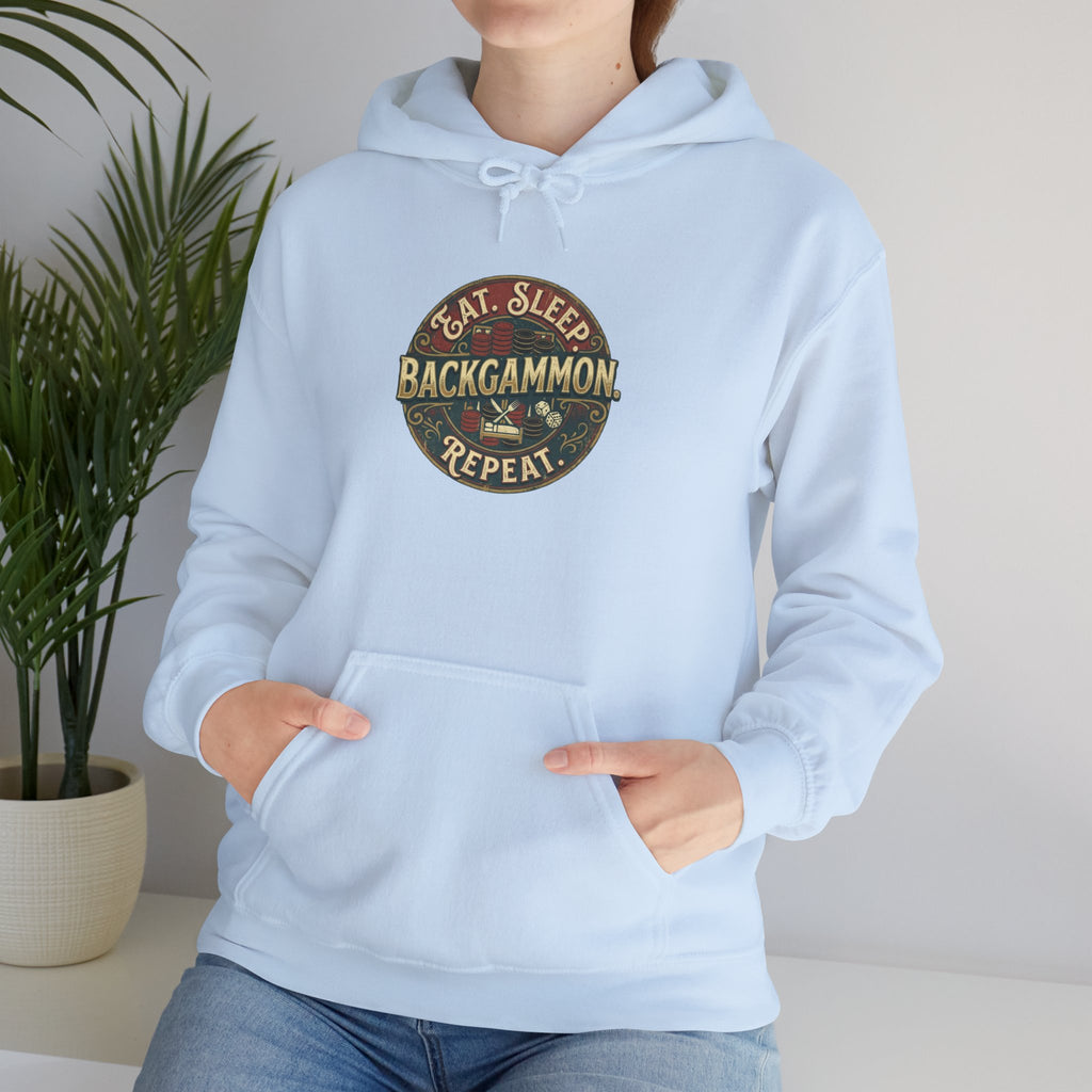 Eat. Sleep. Backgammon. Repeat. Unisex Heavy Blend™ Hooded Sweatshirt - Vintage Game Night Sweatshirt
