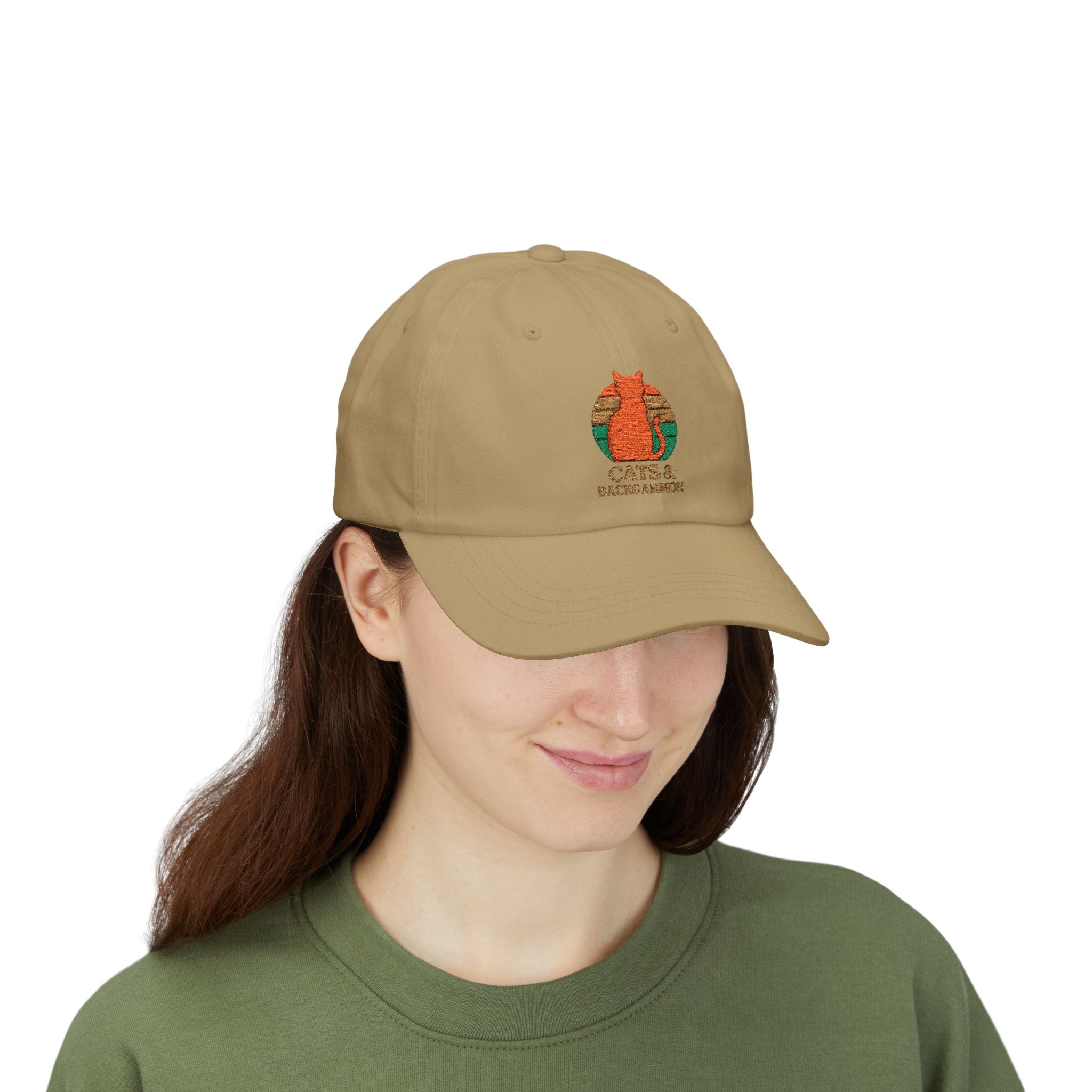 Cats & Backgammon Dad Cap — Retro Orange Cat Embroidered Baseball Hat