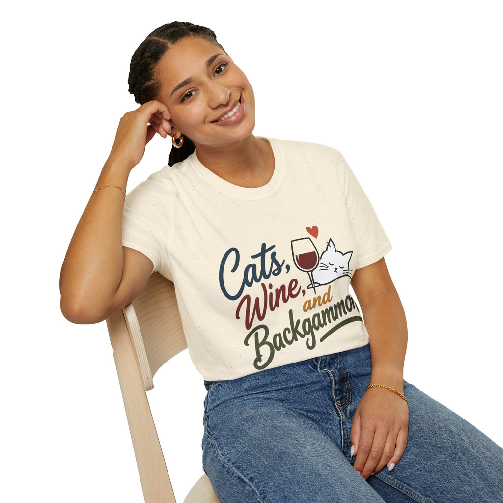 Cats, Wine & Backgammon T-Shirt — Funny Cat Lover Graphic Tee