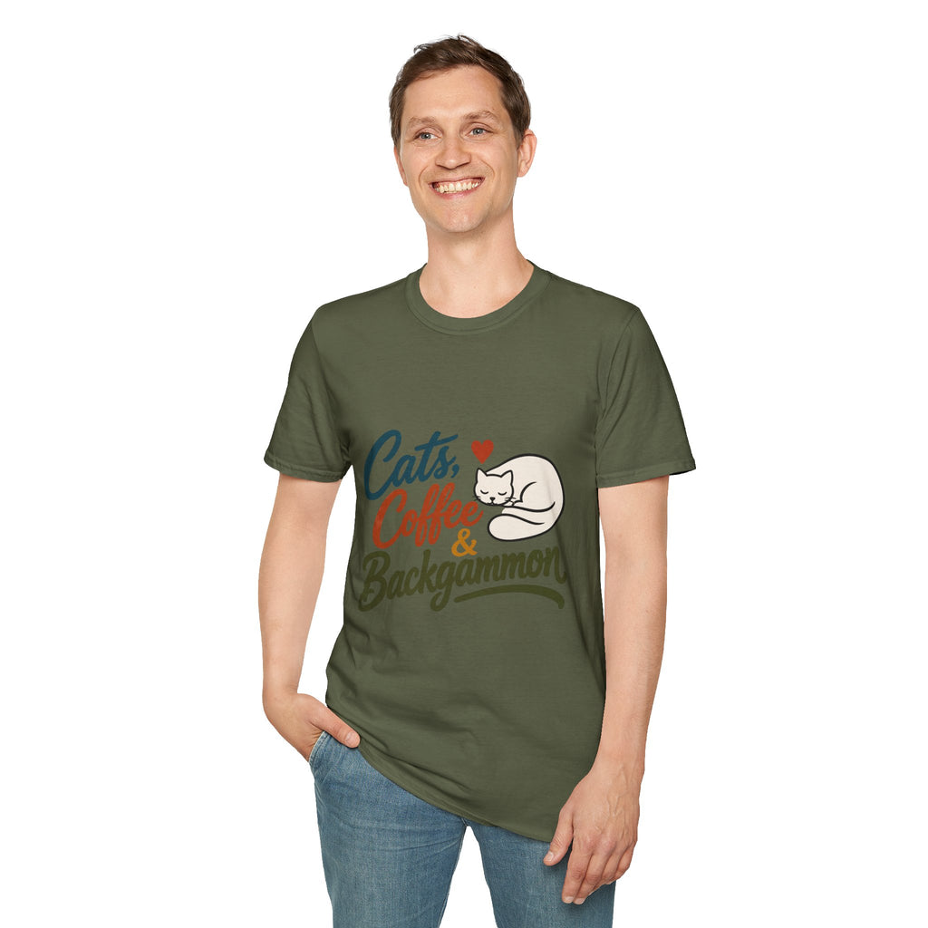 Cats, Coffee & Backgammon 2 T-Shirt — Retro Cat Lover Tee