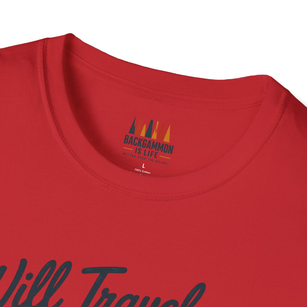 Backgammon Travel T-Shirt — "Will Travel for Backgammon" Vintage Suitcase Design