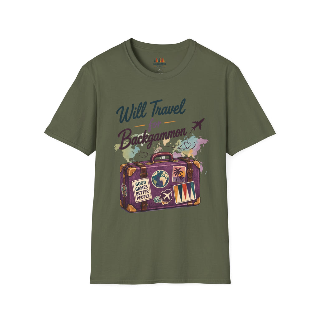 Backgammon Travel T-Shirt — "Will Travel for Backgammon" Vintage Suitcase Design