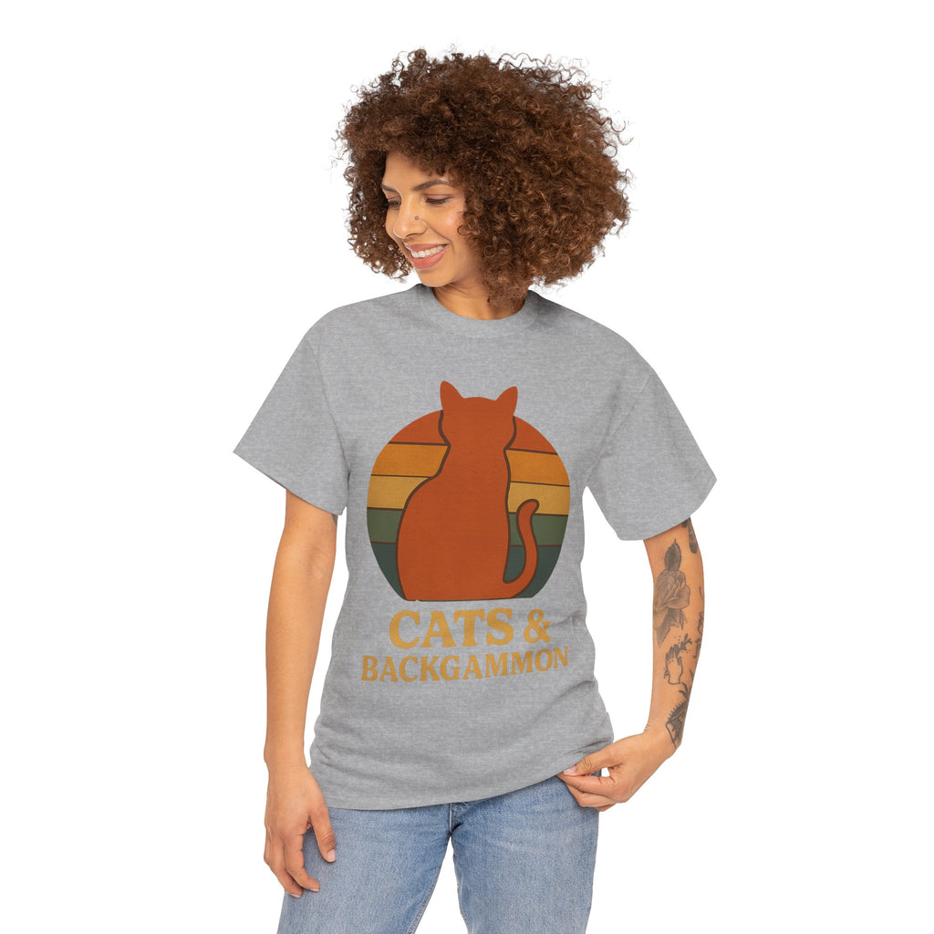 Retro Cat Silhouette Cats & Backgammon T-Shirt | Vintage Sunset Cat Tee