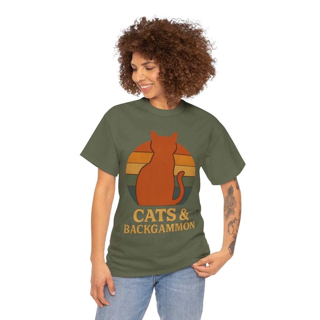 Retro Cat Silhouette Cats & Backgammon T-Shirt | Vintage Sunset Cat Tee