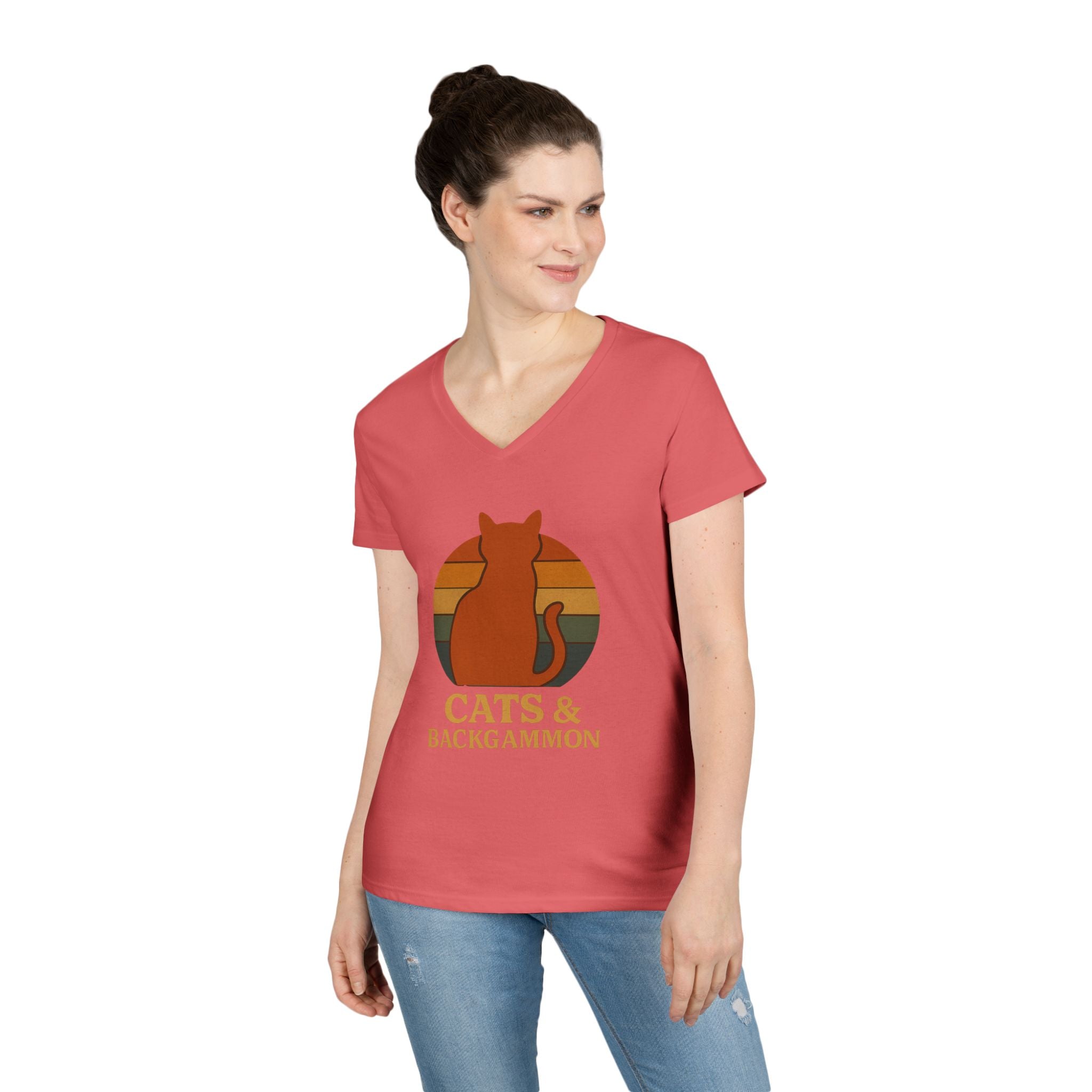 Cats & Backgammon ladies V-Neck Tee — Retro Cat Graphic Shirt for Players & Cat Lovers