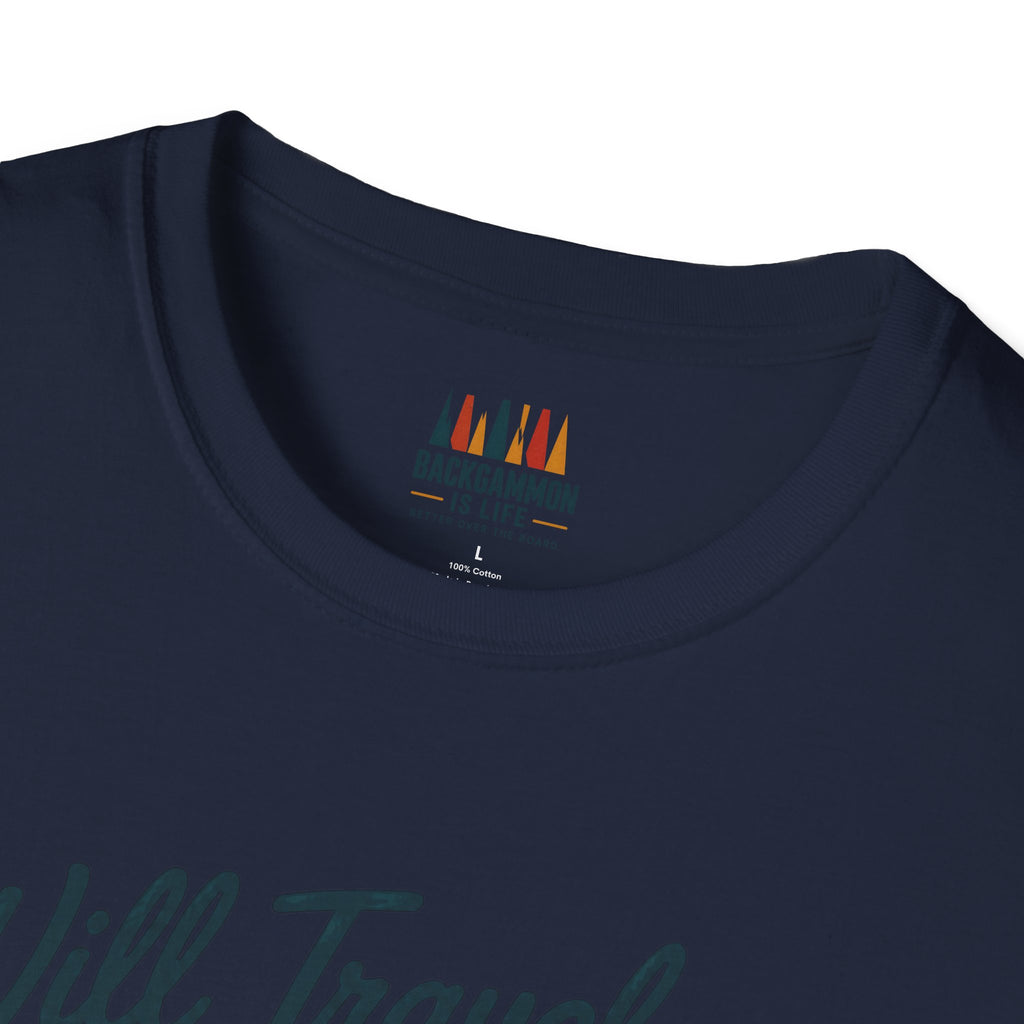 Backgammon Travel T-Shirt — "Will Travel for Backgammon" Vintage Suitcase Design