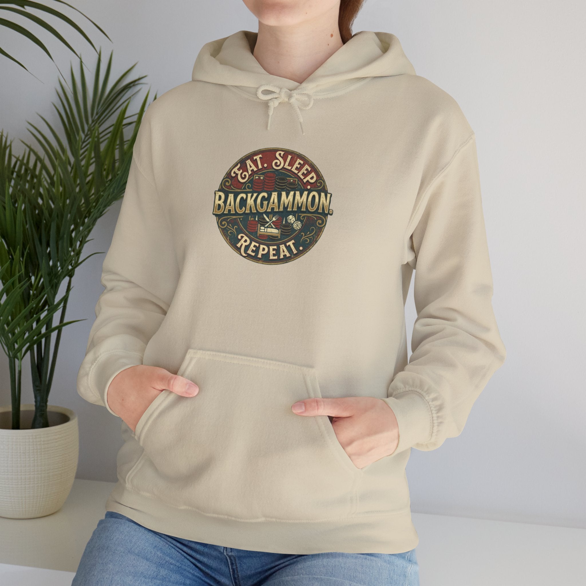 Eat. Sleep. Backgammon. Repeat. Unisex Heavy Blend™ Hooded Sweatshirt - Vintage Game Night Sweatshirt