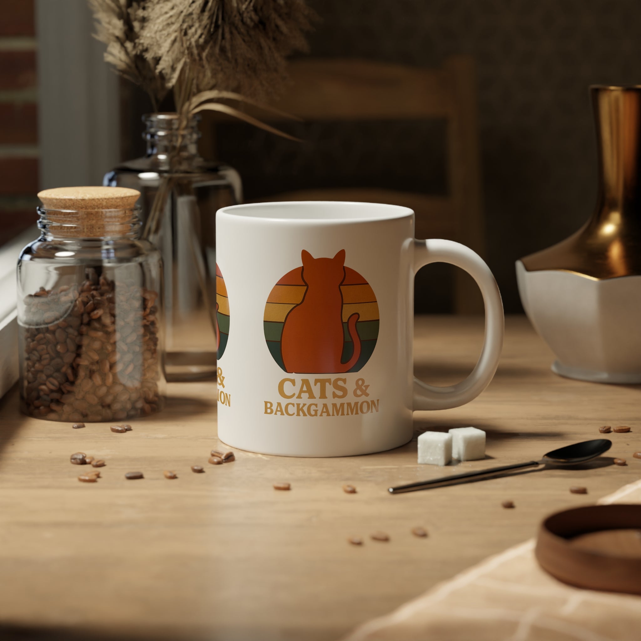 Cats & Backgammon 20oz Jumbo Mug — Retro Cat Silhouette Coffee Cup
