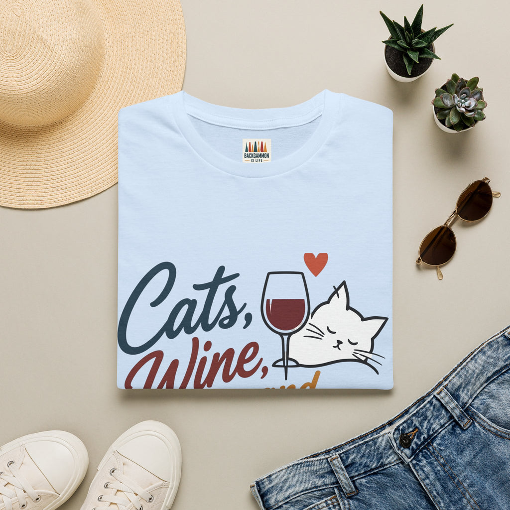Cats, Wine & Backgammon T-Shirt — Funny Cat Lover Graphic Tee