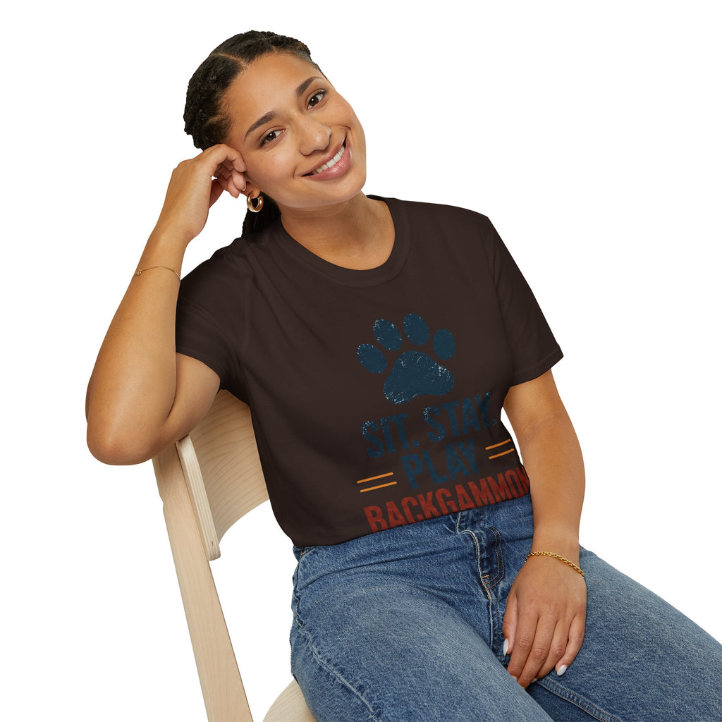 Backgammon T-Shirt — "Sit. Stay. Play Backgammon" Paw Print Tee