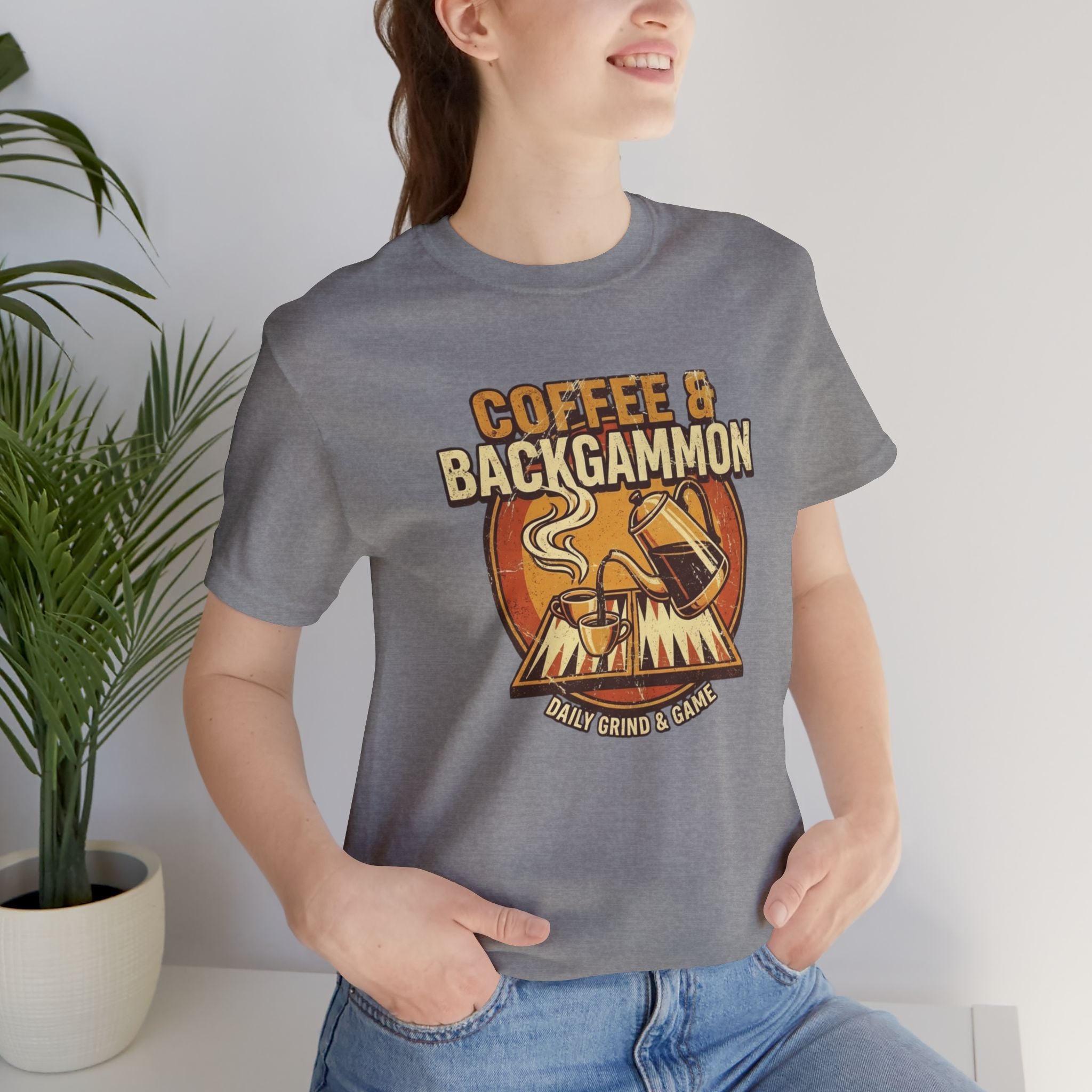 Coffee & Backgammon Unisex Jersey T-Shirt— Retro Game Night Tee