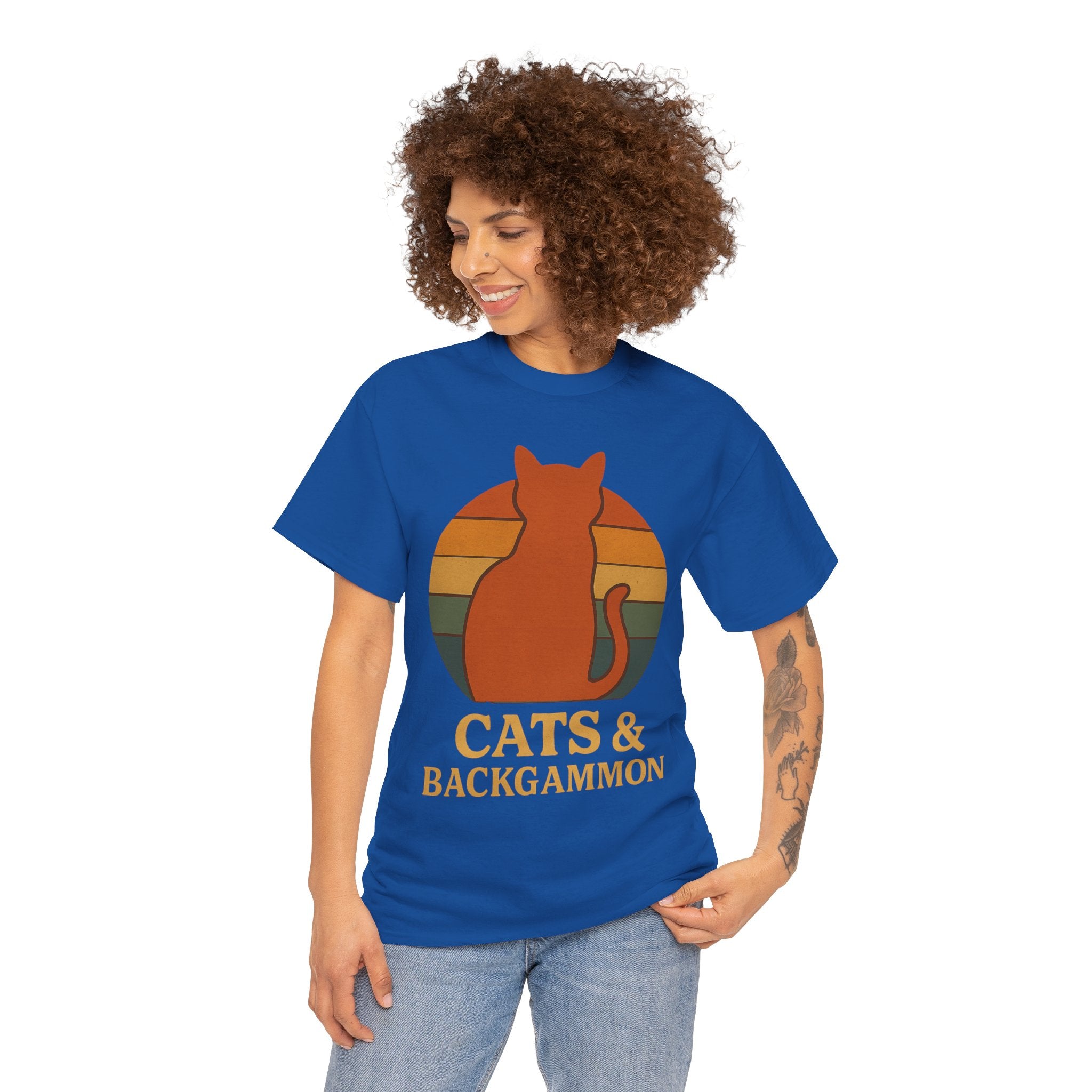 Retro Cat Silhouette Cats & Backgammon T-Shirt | Vintage Sunset Cat Tee