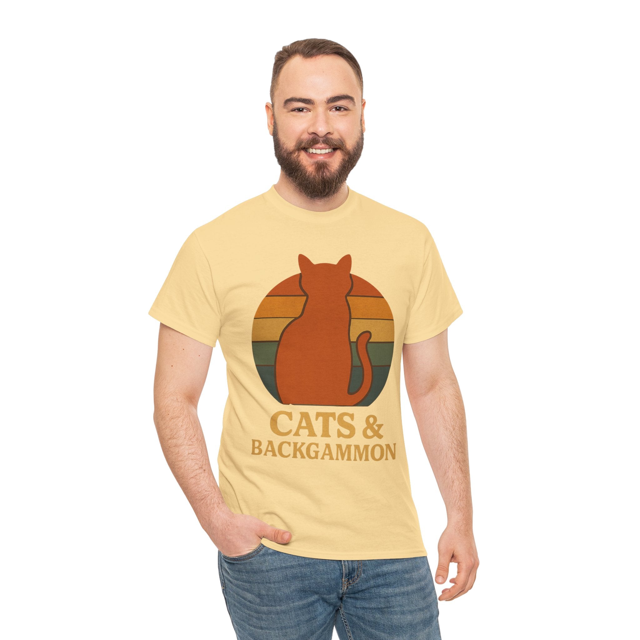 Retro Cat Silhouette Cats & Backgammon T-Shirt | Vintage Sunset Cat Tee