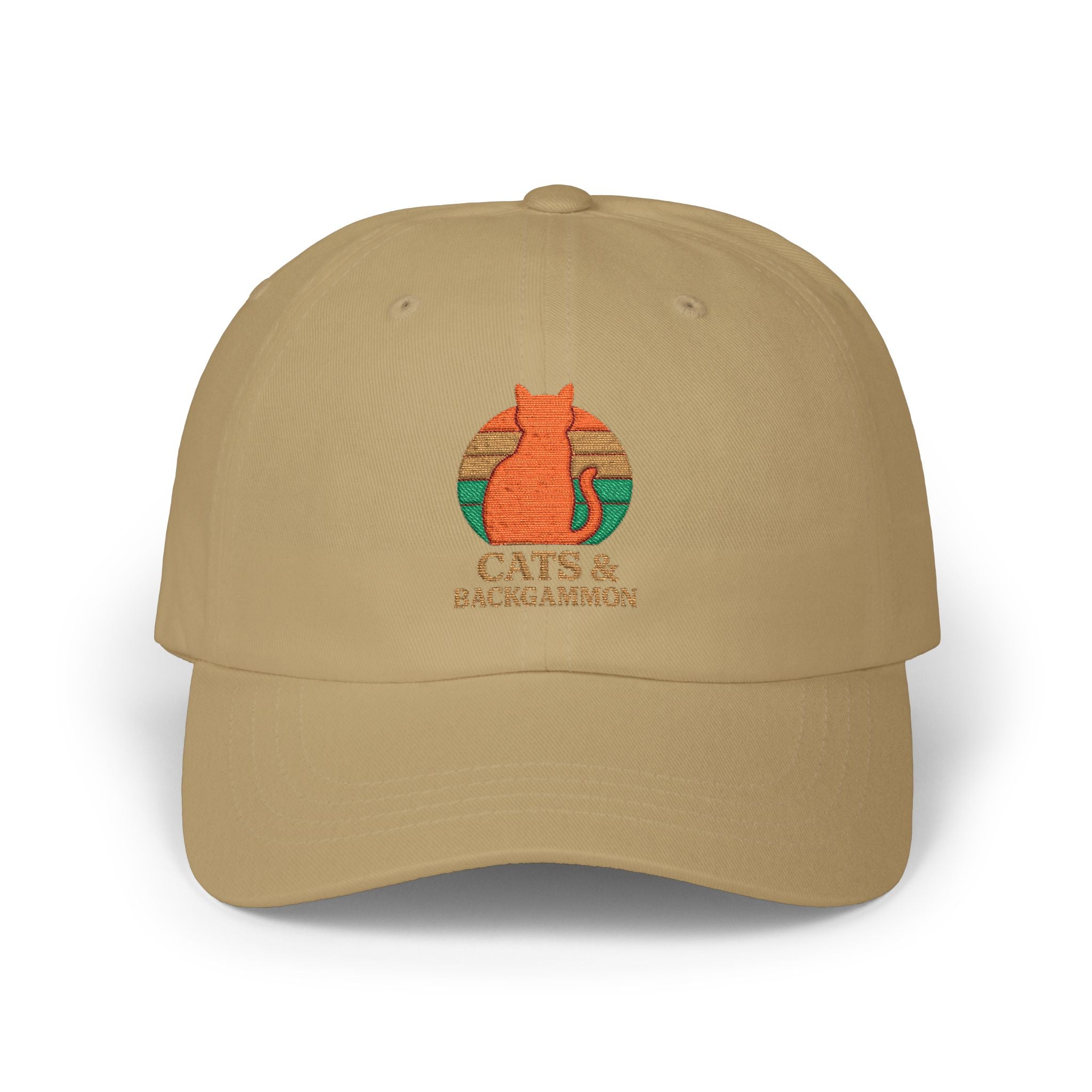 Cats & Backgammon Dad Cap — Retro Orange Cat Embroidered Baseball Hat