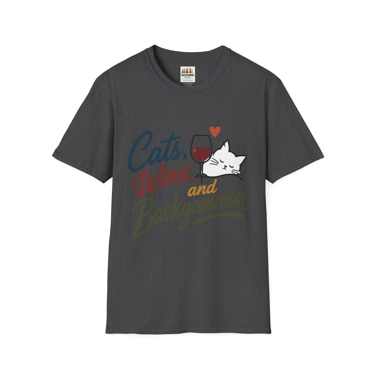 Cats, Wine & Backgammon T-Shirt — Funny Cat Lover Graphic Tee