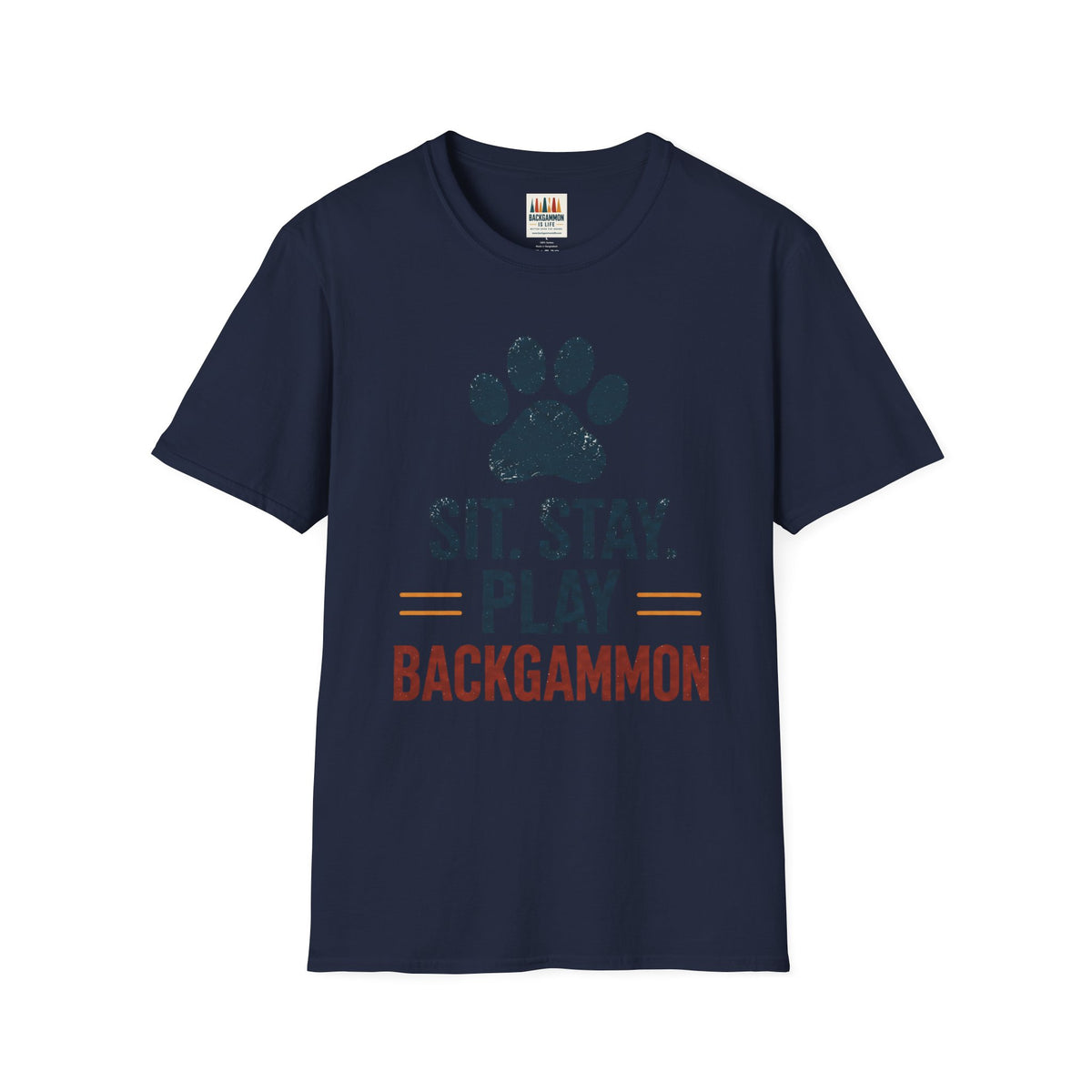 Backgammon T-Shirt — "Sit. Stay. Play Backgammon" Paw Print Tee