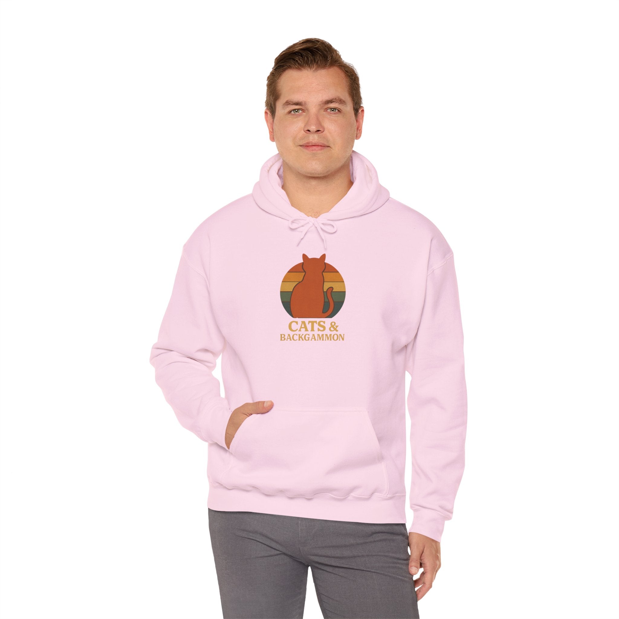 Cats & Backgammon Hoodie — Retro Sunset Cat Game Lover Pullover