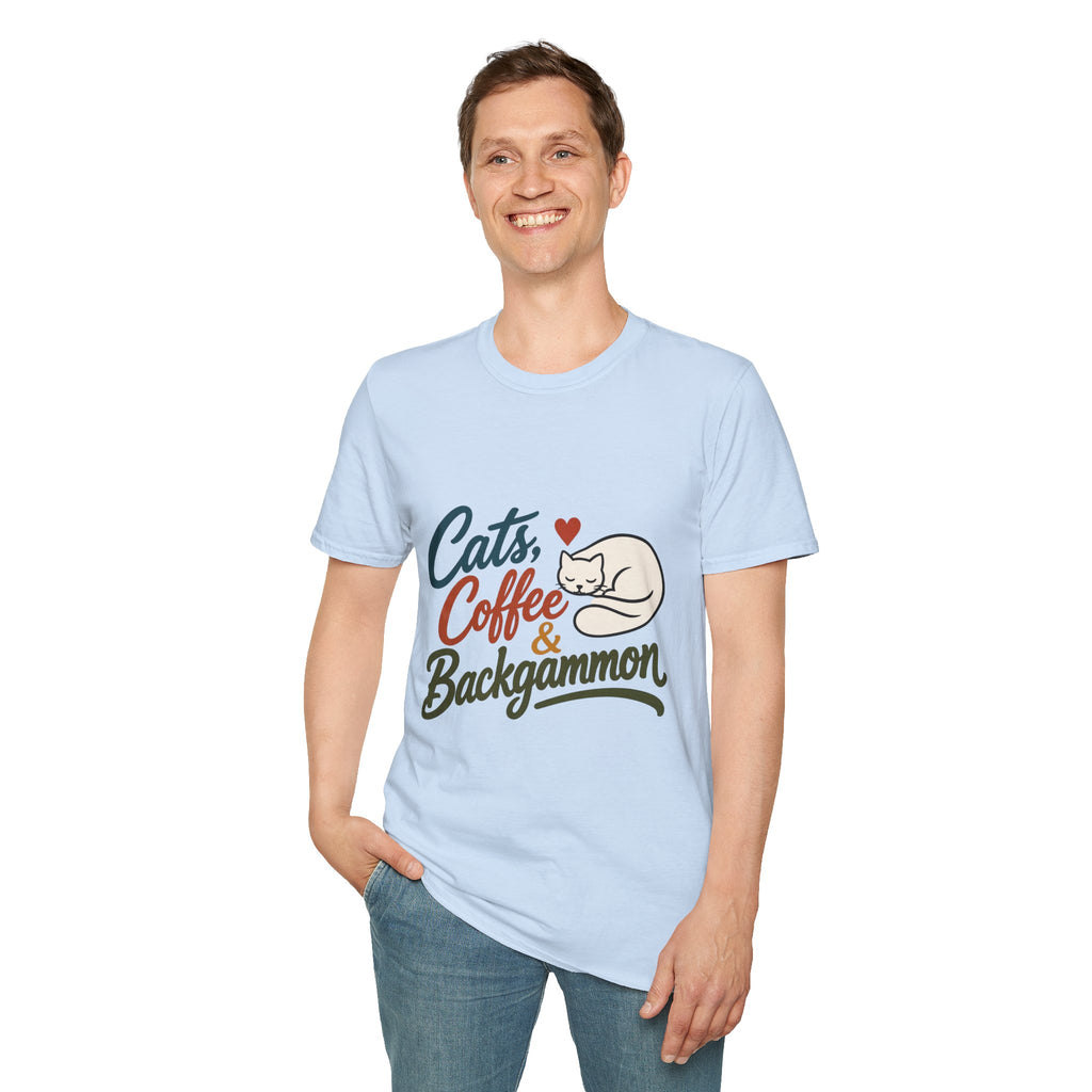 Cats, Coffee & Backgammon 2 T-Shirt — Retro Cat Lover Tee