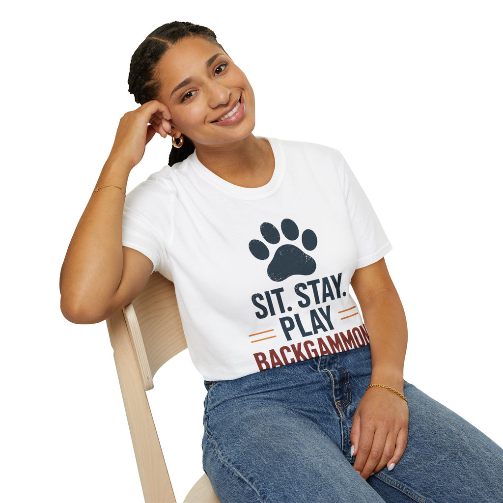 Backgammon T-Shirt — "Sit. Stay. Play Backgammon" Paw Print Tee