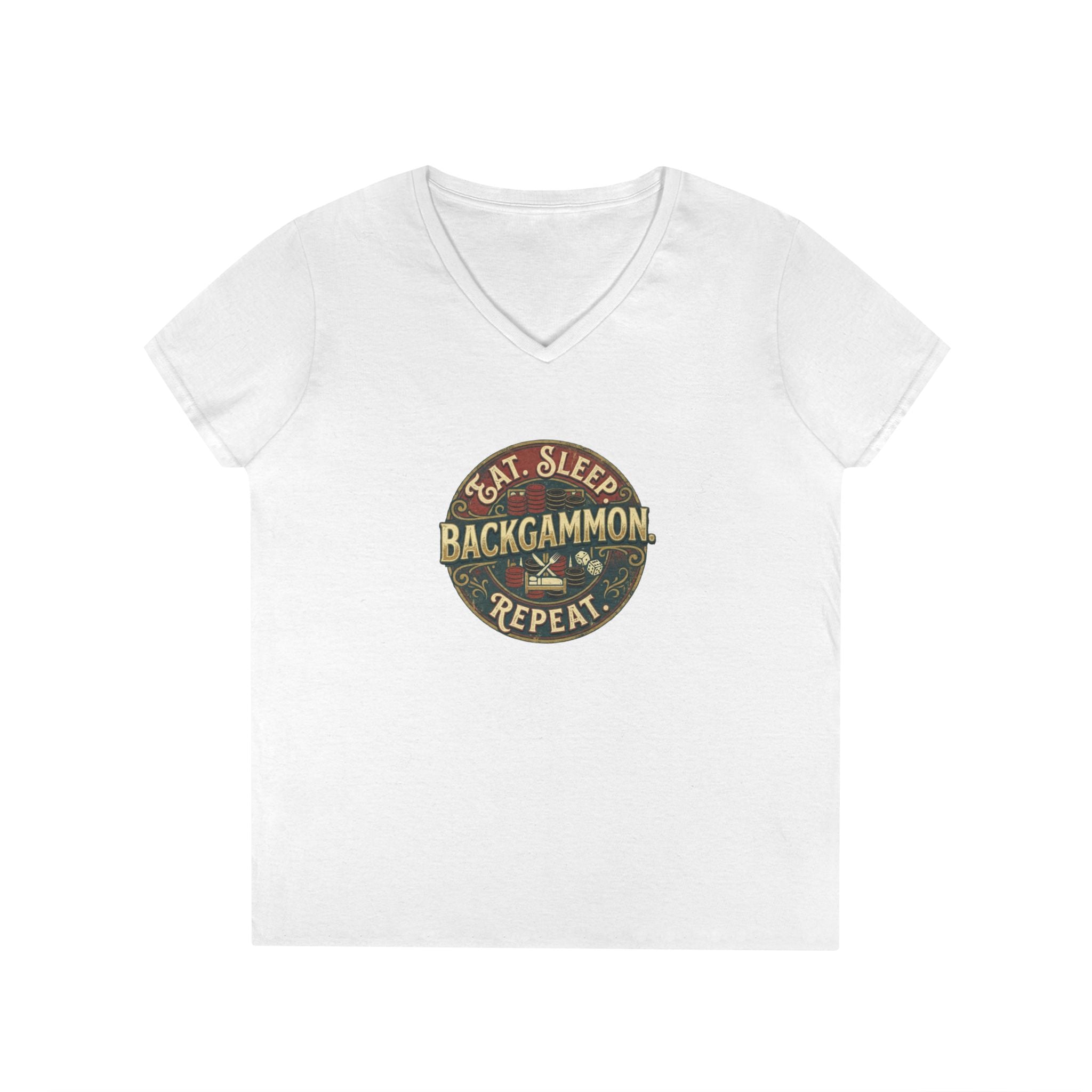 Eat. Sleep. Backgammon. Repeat. Ladies' V-Neck T-Shirt