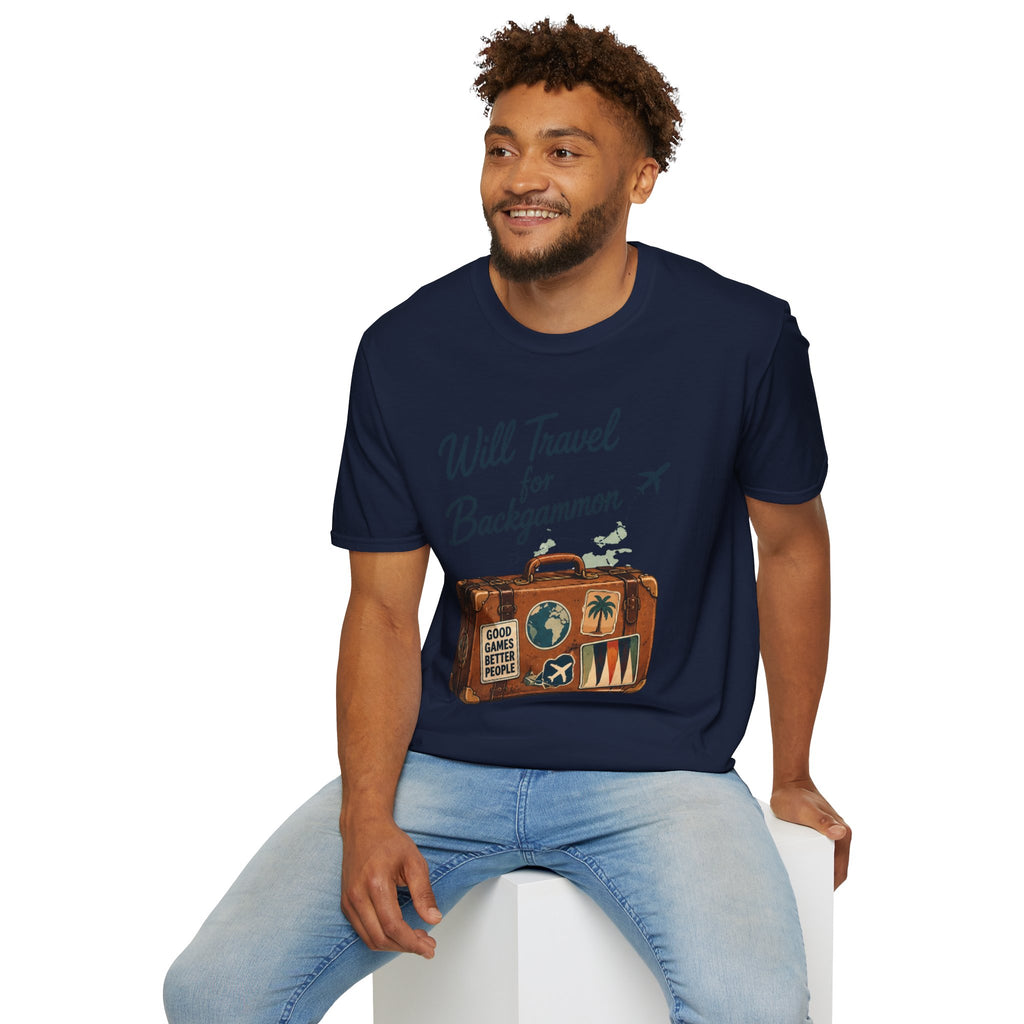 Backgammon Travel T-Shirt — "Will Travel for Backgammon" Vintage Suitcase Design