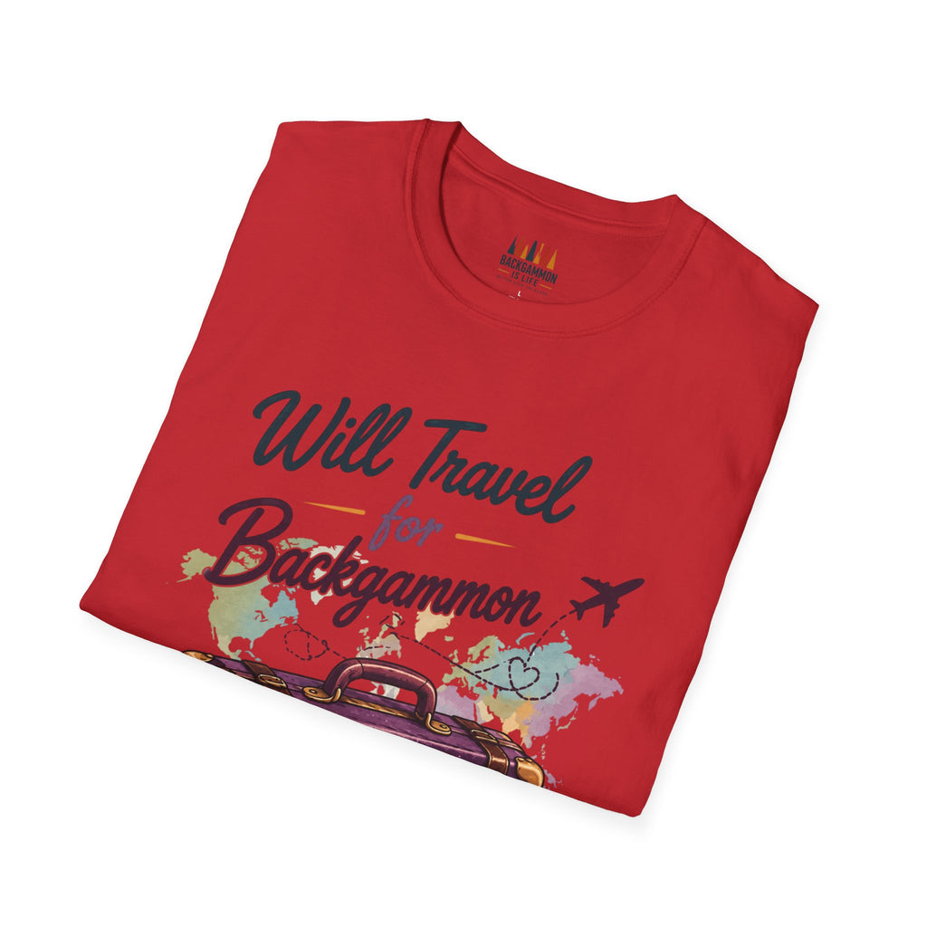 Backgammon Travel T-Shirt — "Will Travel for Backgammon" Vintage Suitcase Design