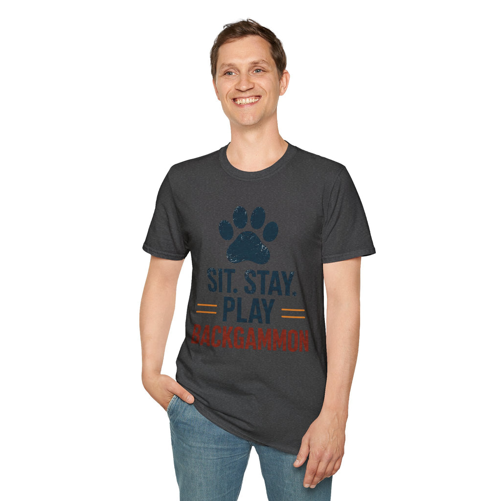 Backgammon T-Shirt — "Sit. Stay. Play Backgammon" Paw Print Tee