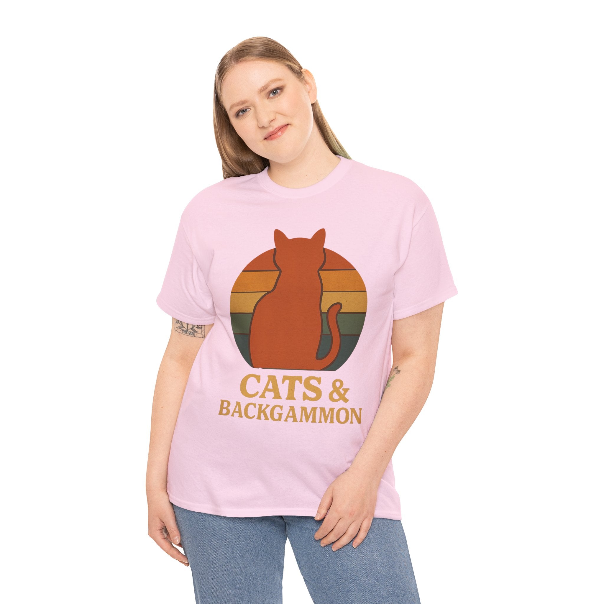 Retro Cat Silhouette Cats & Backgammon T-Shirt | Vintage Sunset Cat Tee