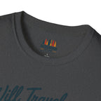 Backgammon Travel T-Shirt — "Will Travel for Backgammon" Vintage Suitcase Design