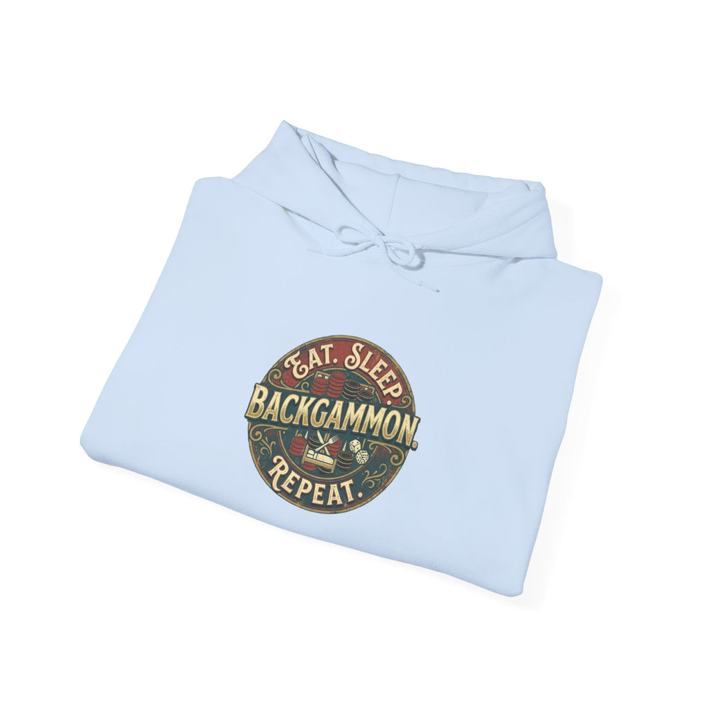 Eat. Sleep. Backgammon. Repeat. Unisex Heavy Blend™ Hooded Sweatshirt - Vintage Game Night Sweatshirt
