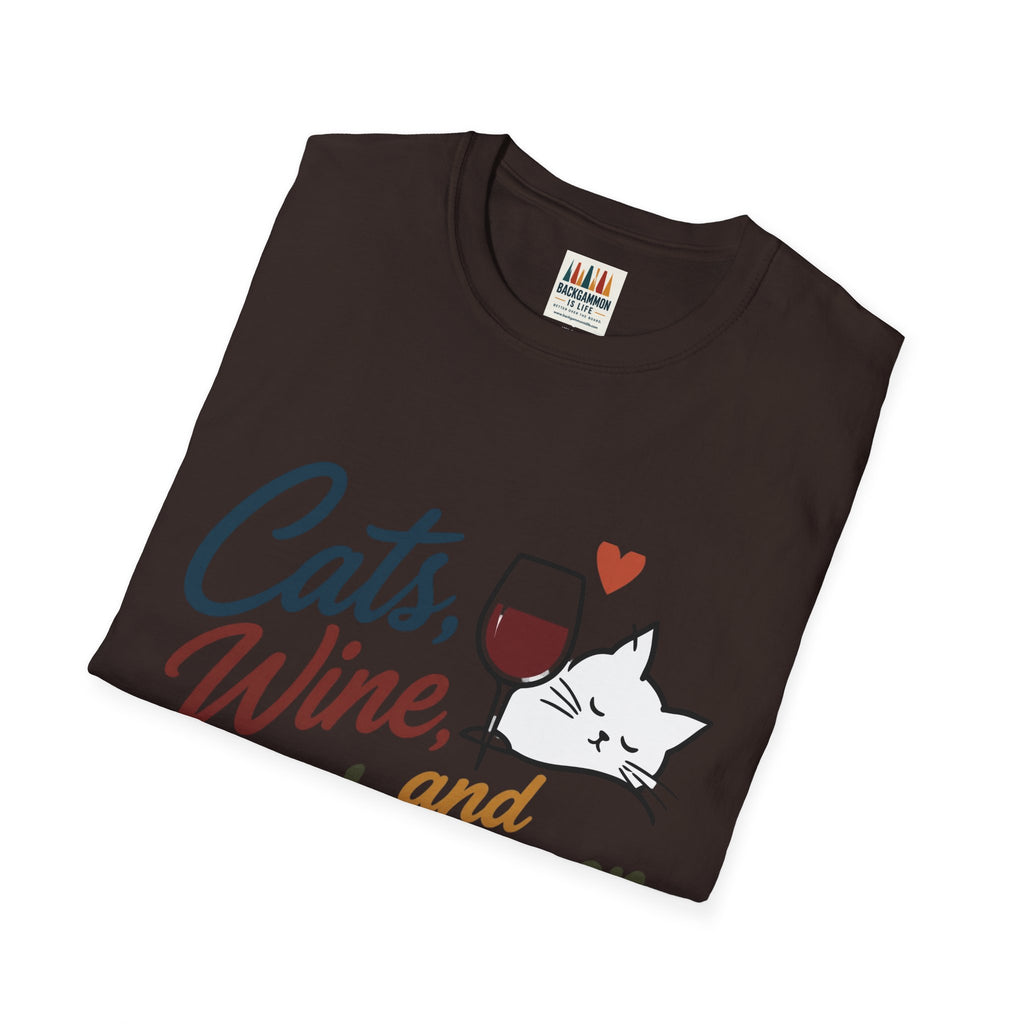 Cats, Wine & Backgammon T-Shirt — Funny Cat Lover Graphic Tee