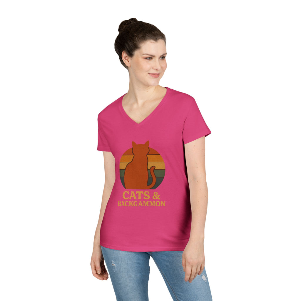 Cats & Backgammon ladies V-Neck Tee — Retro Cat Graphic Shirt for Players & Cat Lovers