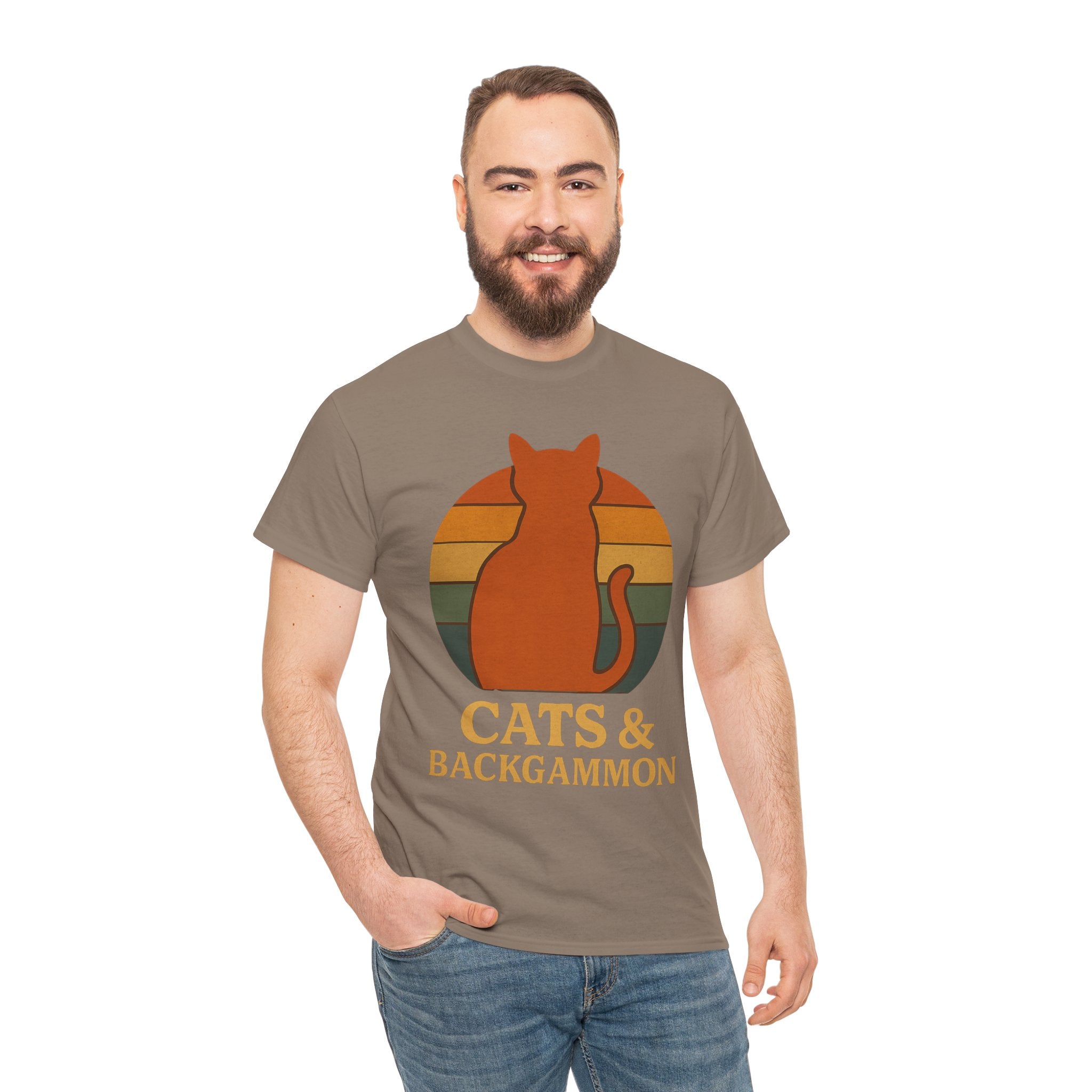 Retro Cat Silhouette Cats & Backgammon T-Shirt | Vintage Sunset Cat Tee