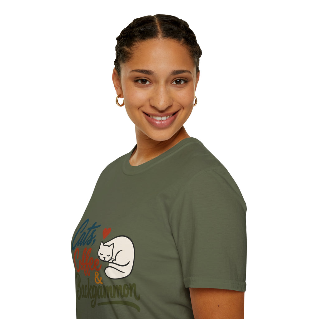 Cats, Coffee & Backgammon 2 T-Shirt — Retro Cat Lover Tee