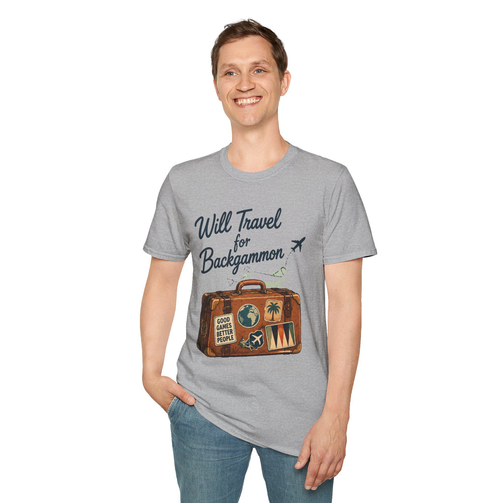 Backgammon Travel T-Shirt — "Will Travel for Backgammon" Vintage Suitcase Design