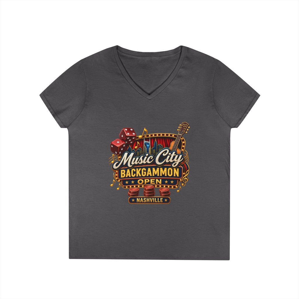 Music City Backgammon Open Ladies' V-Neck T-Shirt — Nashville Guitar & Dice Tournament Tee