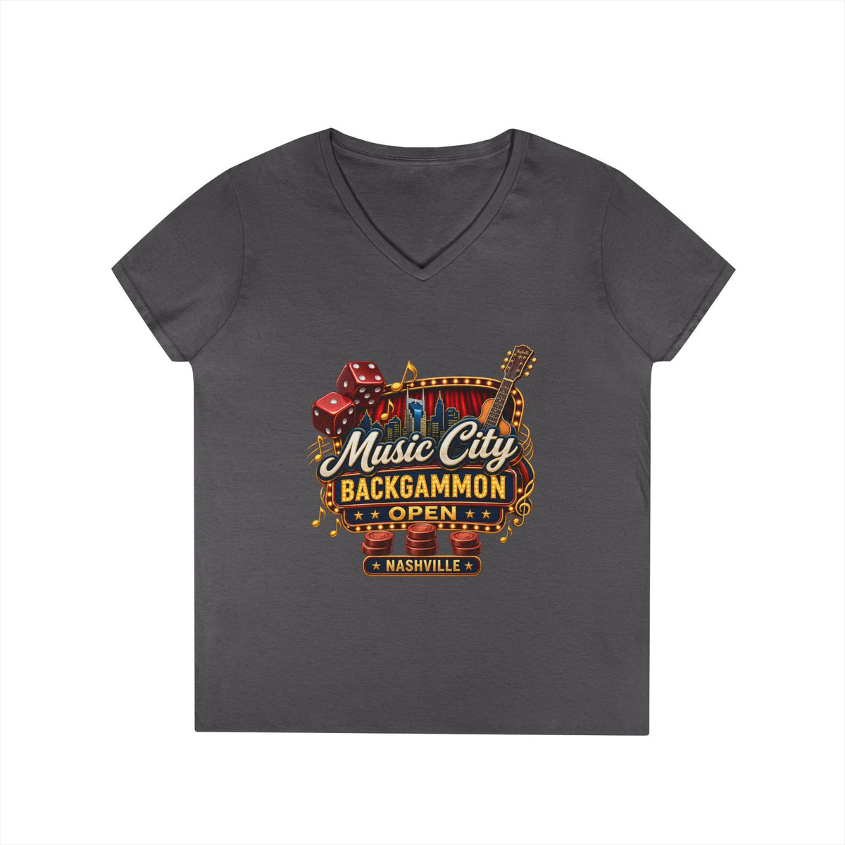Music City Backgammon Open Ladies' V-Neck T-Shirt — Nashville Guitar & Dice Tournament Tee