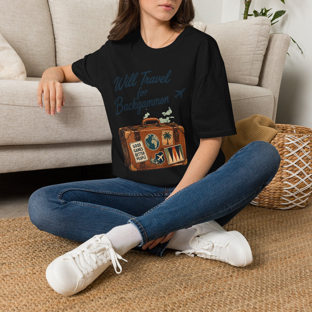 Backgammon Travel T-Shirt — "Will Travel for Backgammon" Vintage Suitcase Design