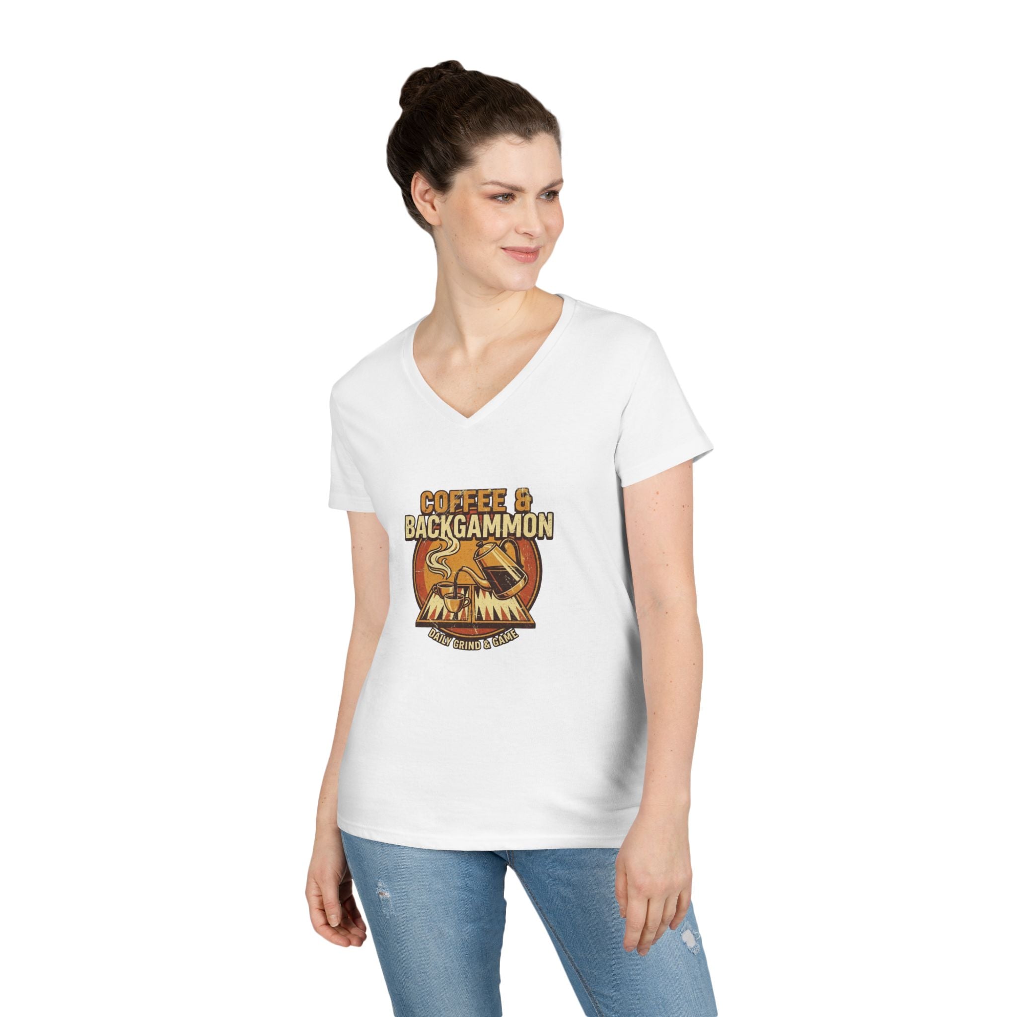 Coffee & Backgammon Ladies' V-Neck T-Shirt — Women's Casual Game Night Shirt