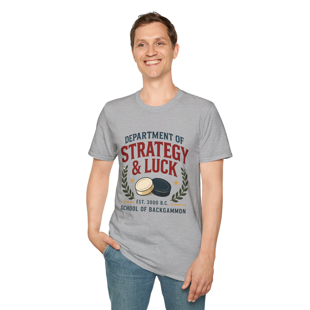 Backgammon T-Shirt — "Department of Strategy & Luck" Vintage Game Tee