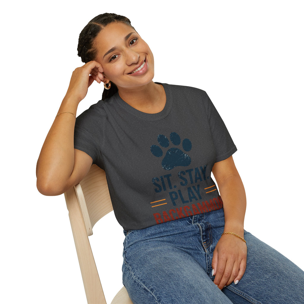 Backgammon T-Shirt — "Sit. Stay. Play Backgammon" Paw Print Tee