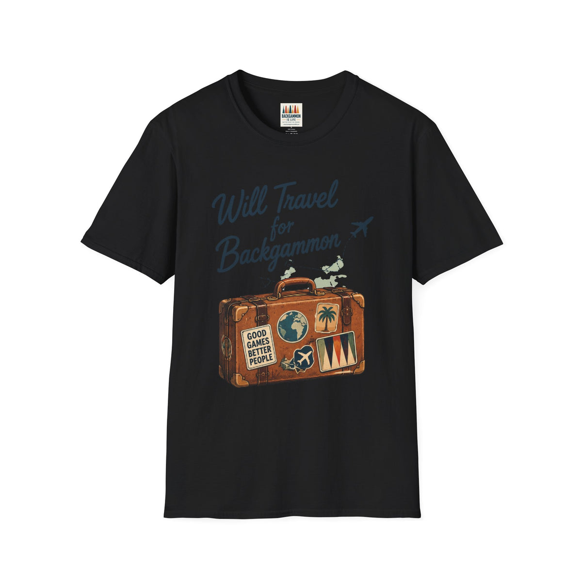 Backgammon Travel T-Shirt — "Will Travel for Backgammon" Vintage Suitcase Design