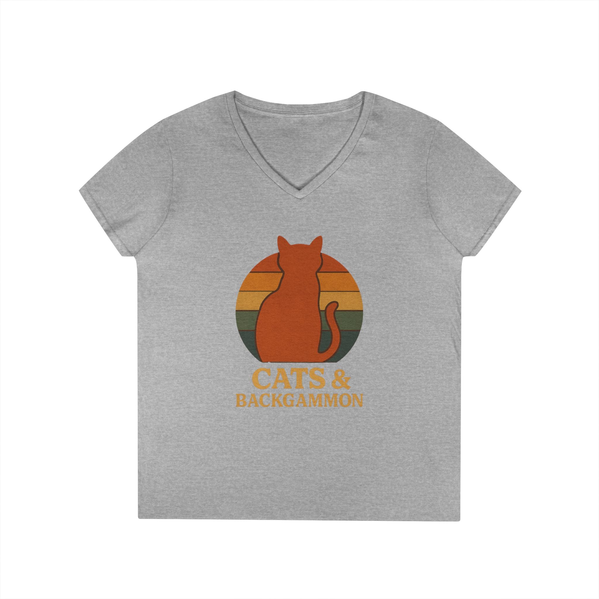 Cats & Backgammon ladies V-Neck Tee — Retro Cat Graphic Shirt for Players & Cat Lovers