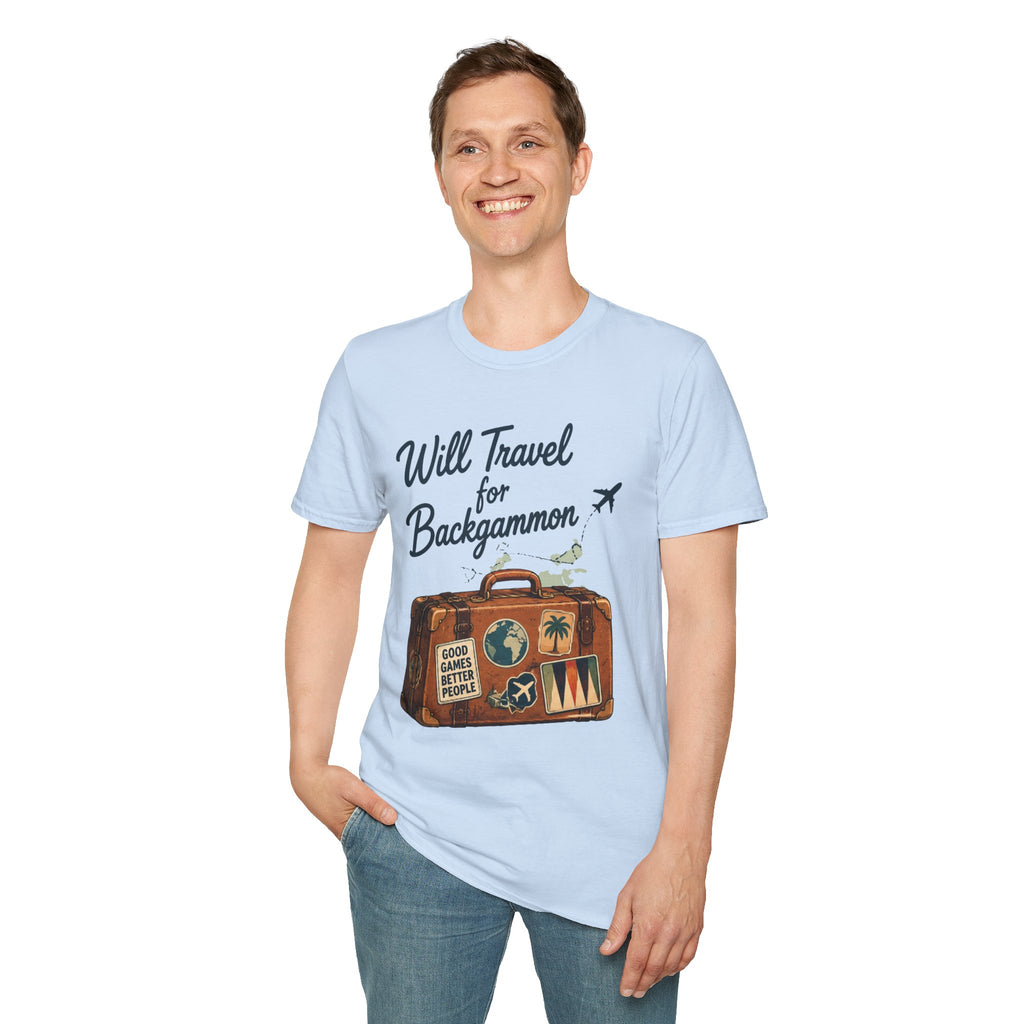 Backgammon Travel T-Shirt — "Will Travel for Backgammon" Vintage Suitcase Design