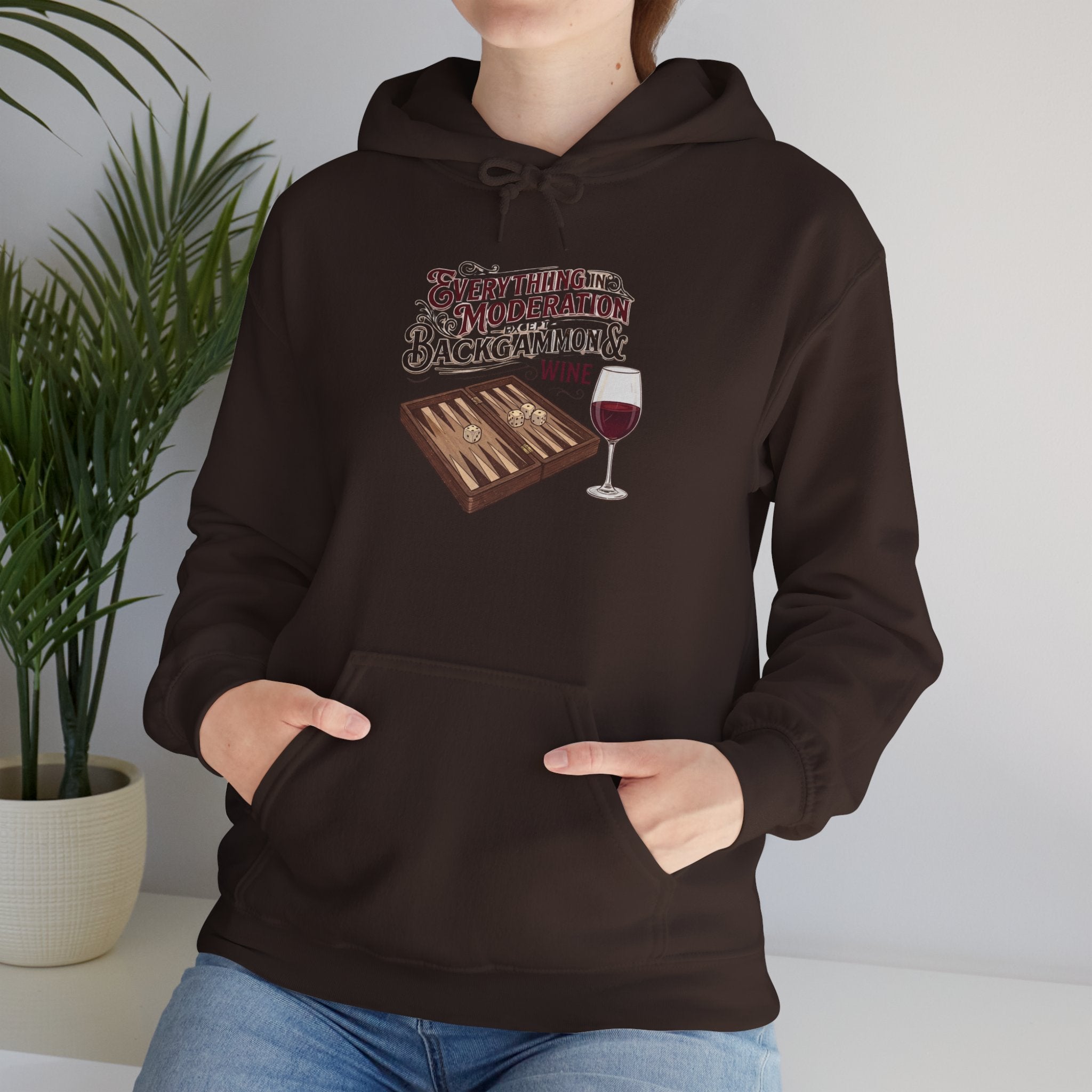 Everything In Moderation Except Backgammon And Wine Unisex Heavy Blend™ Hooded Sweatshirt – Casual Game Night Sweatshirt