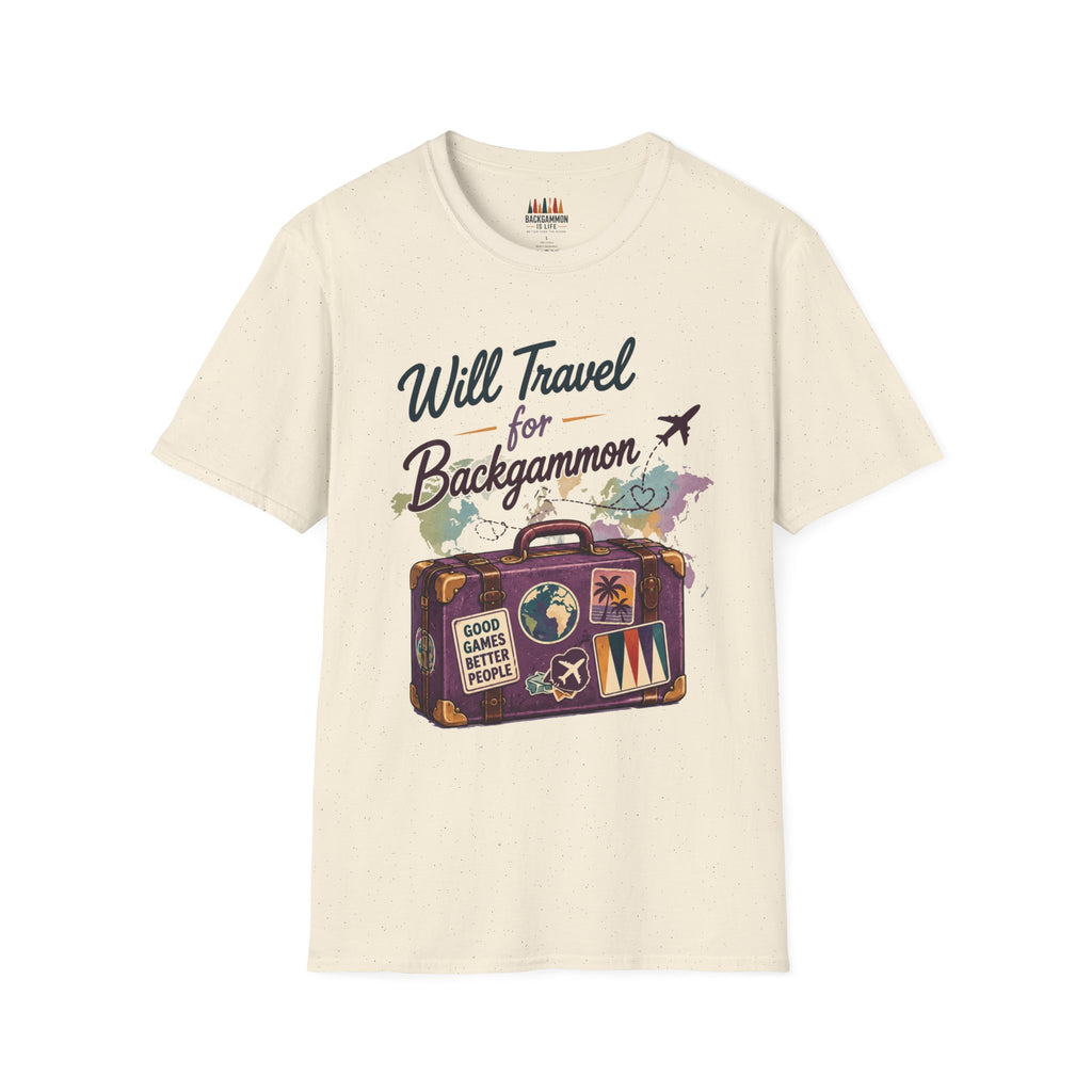 Backgammon Travel T-Shirt — "Will Travel for Backgammon" Vintage Suitcase Design