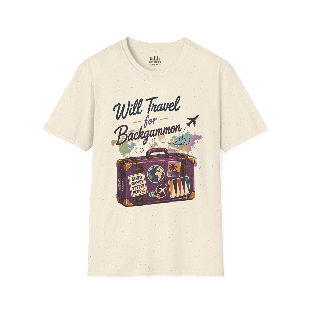 Backgammon Travel T-Shirt — "Will Travel for Backgammon" Vintage Suitcase Design