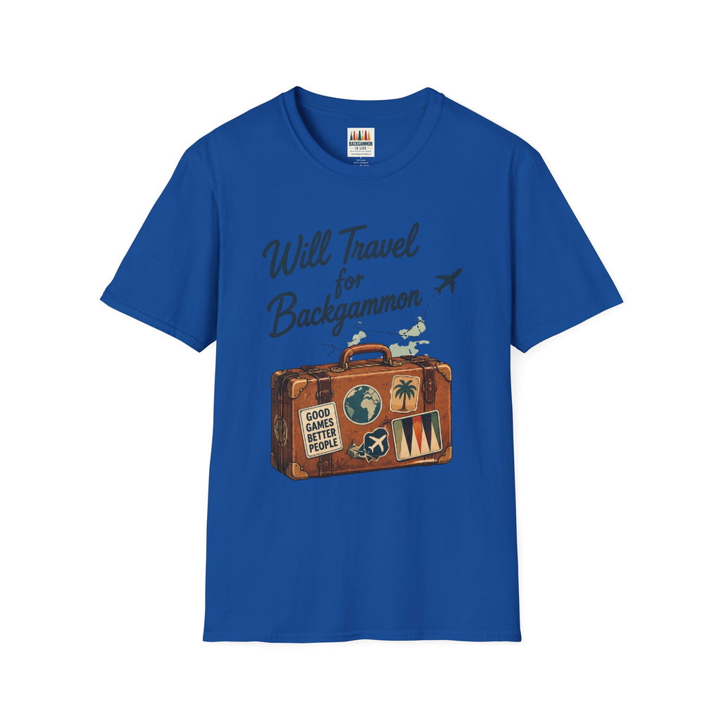 Backgammon Travel T-Shirt — "Will Travel for Backgammon" Vintage Suitcase Design